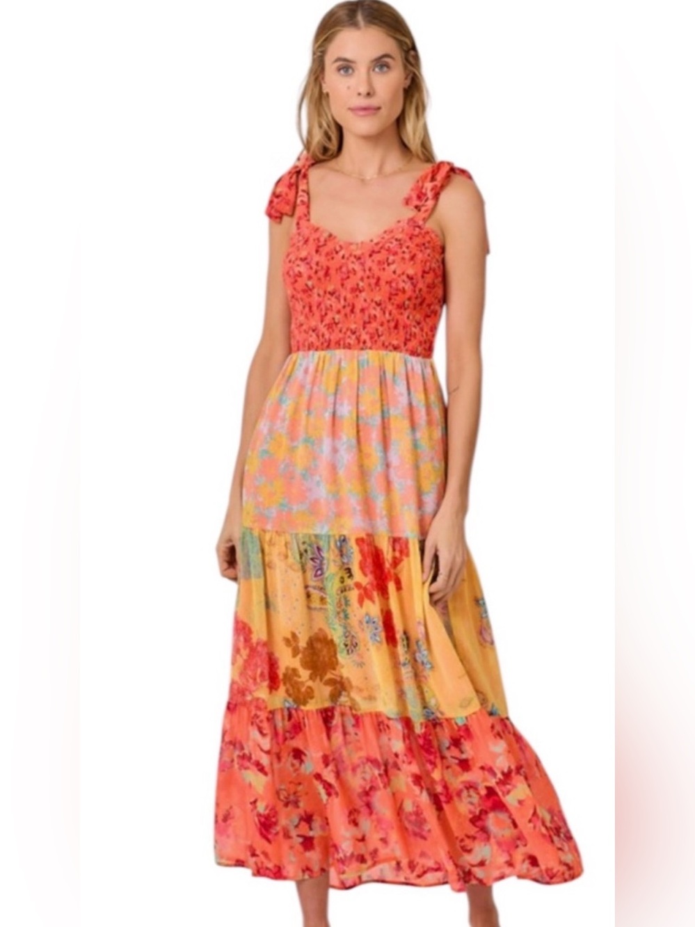 NWT Mystree coral Multicolor Maxi w Smocked bodice Sundress size small # 1215